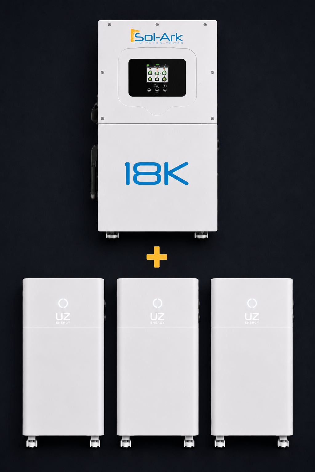 Sol-Ark 18K hybrid inverter with three UZ Energy 16 kWh batteries